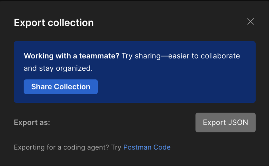 Popup for exporting a collection from Postman